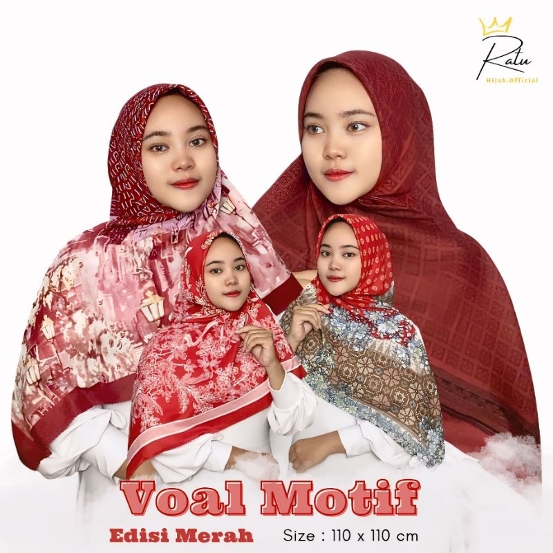 MERAH - Voal Premium Motif Hijab Segiempat Motif Maroon Bata