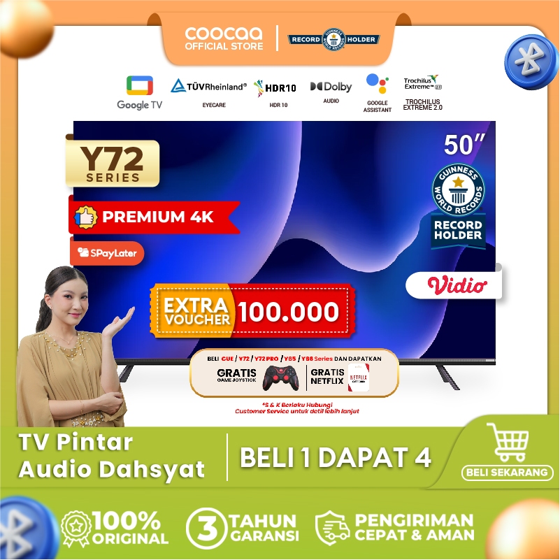 COOCAA TV 50 inch Y72 - 4K GOOGLE TV - Smart TV - EYE CARE - Google Assistant - Dolby Audio - Low Bl