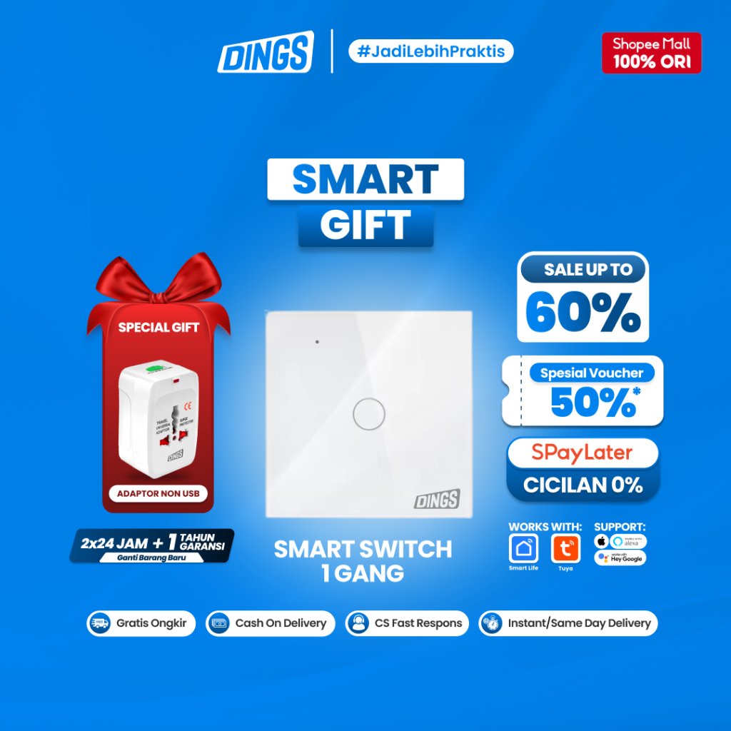 DINGS Saklar Lampu Listrik Pintar 1 Gang Smart Home - Smart Wall Switch