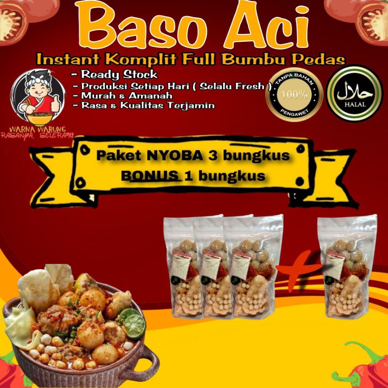 

[PAKET NYOBA 3 Bungkus FREE 1 Bungkus] Baso Aci Instan Khas Bandung Komplit Full Bumbu Pedas / Boci Homemade / Bakso olahan / Baci Kuah - Makanan Cemilan Viral