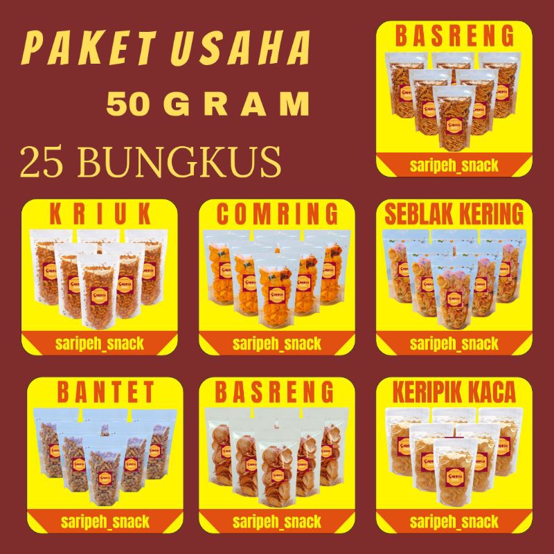 

25 BUNGKUS 50 GRAM PAKET USAHA BASRENG KERUPUK SEBLAK COMRING KERIPIK KACA CIMOL KERING MAKARONI BANTET KRIUK Original Pedas Daun Jeruk Kriuk saripeh snack