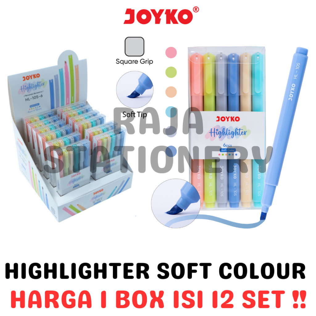 

JOYKO HIGHLIGHTER PASTEL SOFT COLOUR SET / PENANDA JOYKO WARNA HALUS PASTEL SET HL-105-6 LUSIN BOX [12SET]
