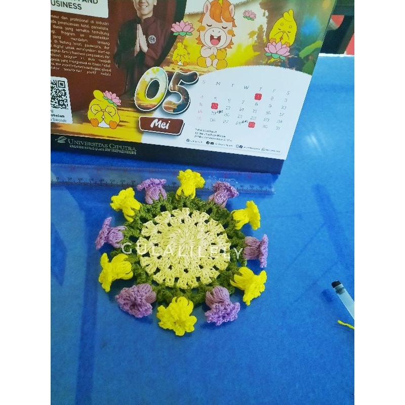 coaster tulip rajut, coaster bunga rajut, tatakan gelas rajut