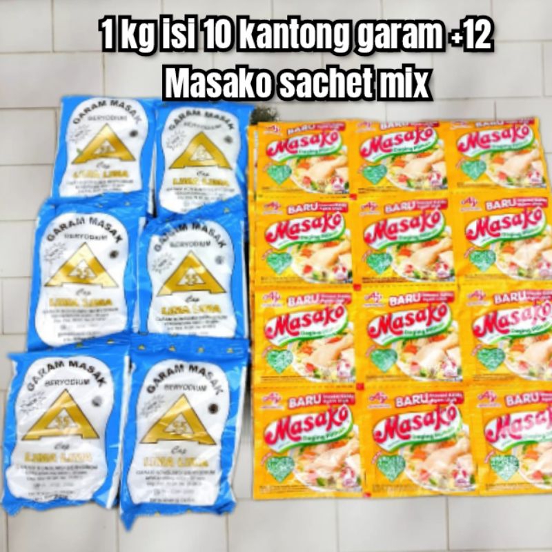 

1 kg isi 10 kantong garam gratis 12 pcs Masako sachet 8.5gr
