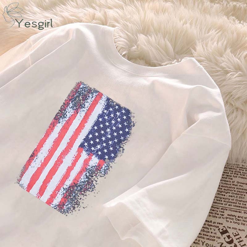 [COD] Yesgirl Kaos lengan pendek longgar gaya cewek seksi bermotif bendera jalanan Amerika | Baju at