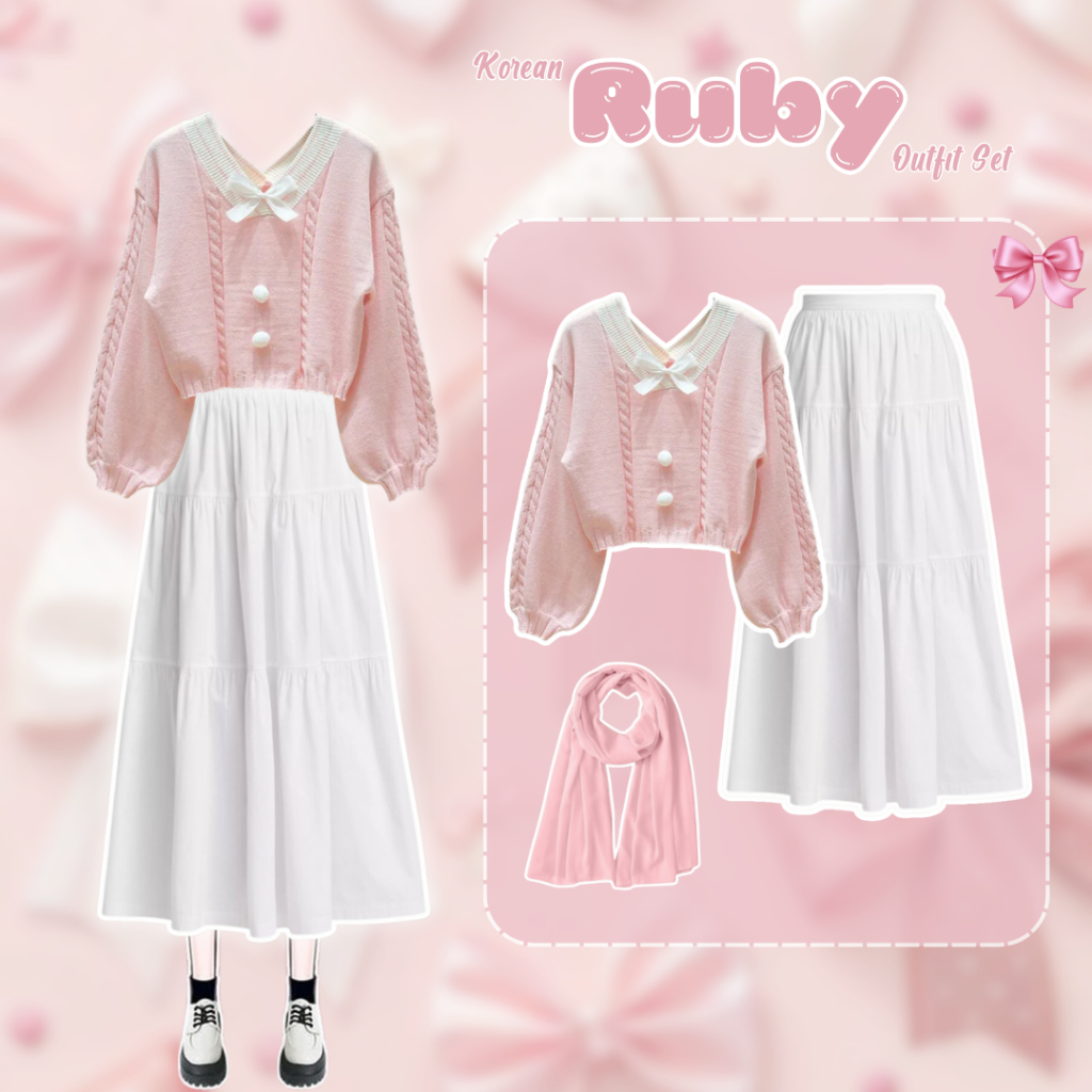 Ruby Outfit Set [ Sweater + Rok Susun + Pashmina ] OOTD Korean Simple Cocok Untuk Hangout dan Ngampu