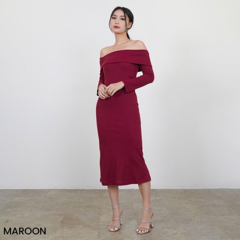 Sabrina Dress Long Knit Amora Bahan Prime Scuba - Gaun Wanita Model Sabrina dengan Rajutan Panjang, 