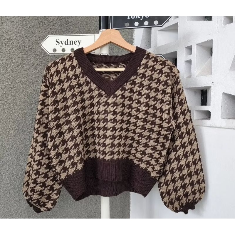 CROP SWEATER HOUNDSTOOTH/ SWEATER HOUNDSTOOD/RAJUT CROP TOP /RAJUT