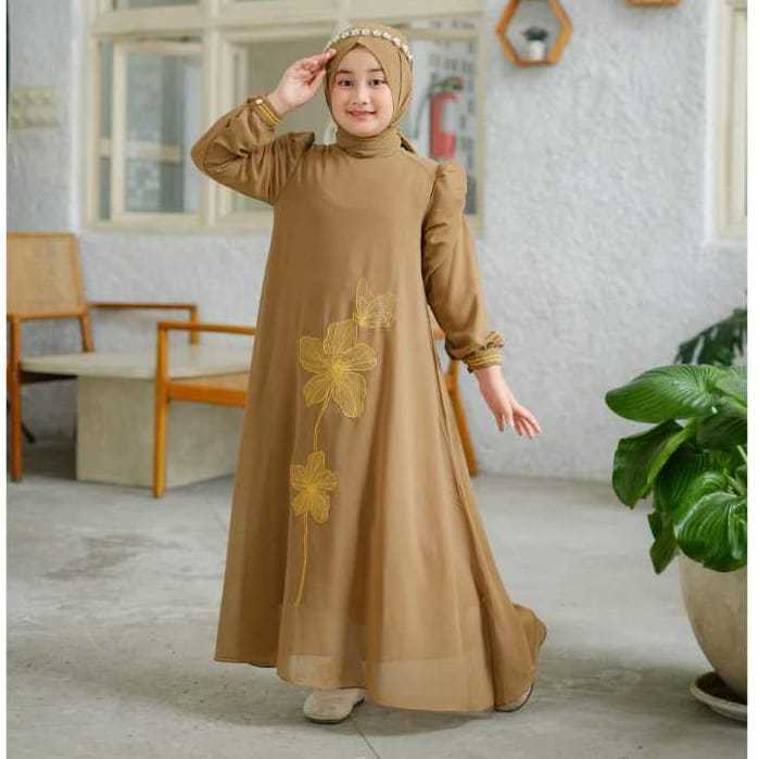 Gamis Anak Motif Bunga Bordir Terbaru 2025 Usia 6-14 Tahun Bahan Ceruty Babydoll Baju Lebaran