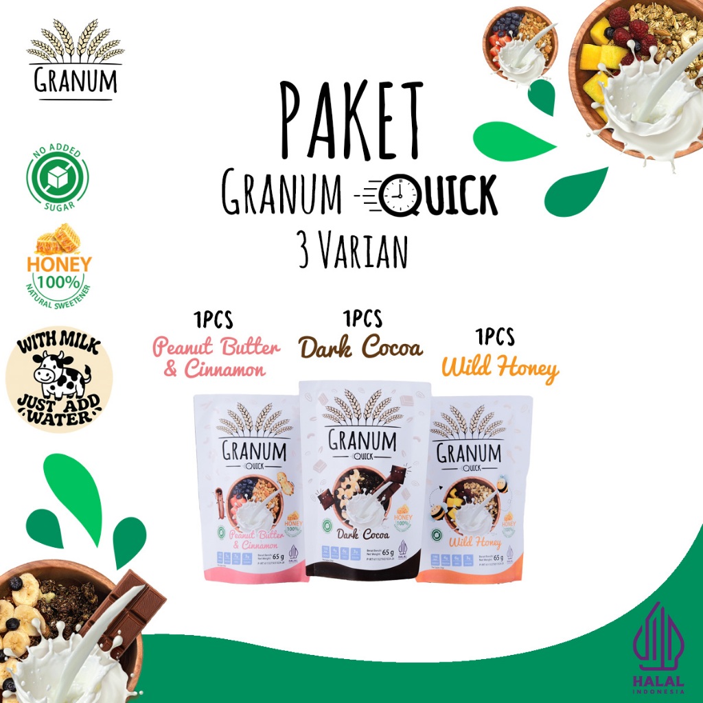 

Granum QUICK - Paket 3 Varian 65gr (1 Wild Honey - 1 Dark Cocoa - 1 Peanut Butter & Cinnamon) (No Added Sugar)