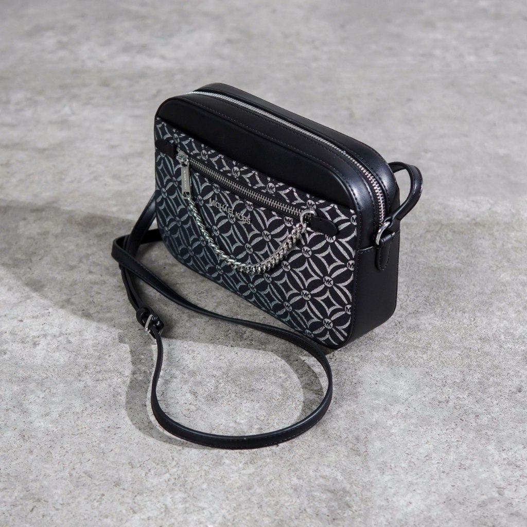 Tas MK PATTERN WHITE BLACK CHAIN CAMERA BAG WITH LS 100% ORIGINAL