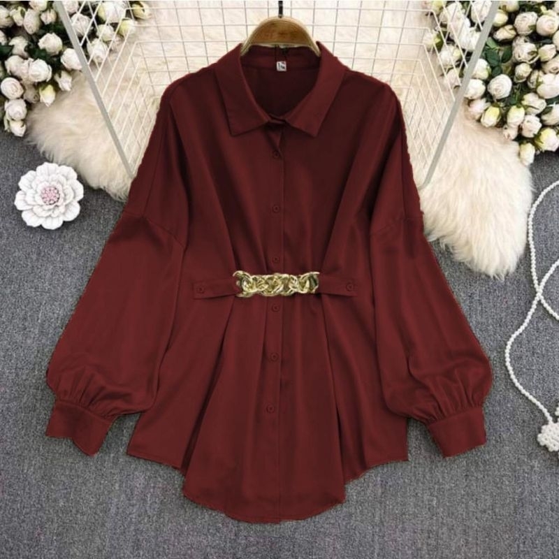 Kemeja Wanita Polos Motif Rantai Lengan Balon Korean Style Melda