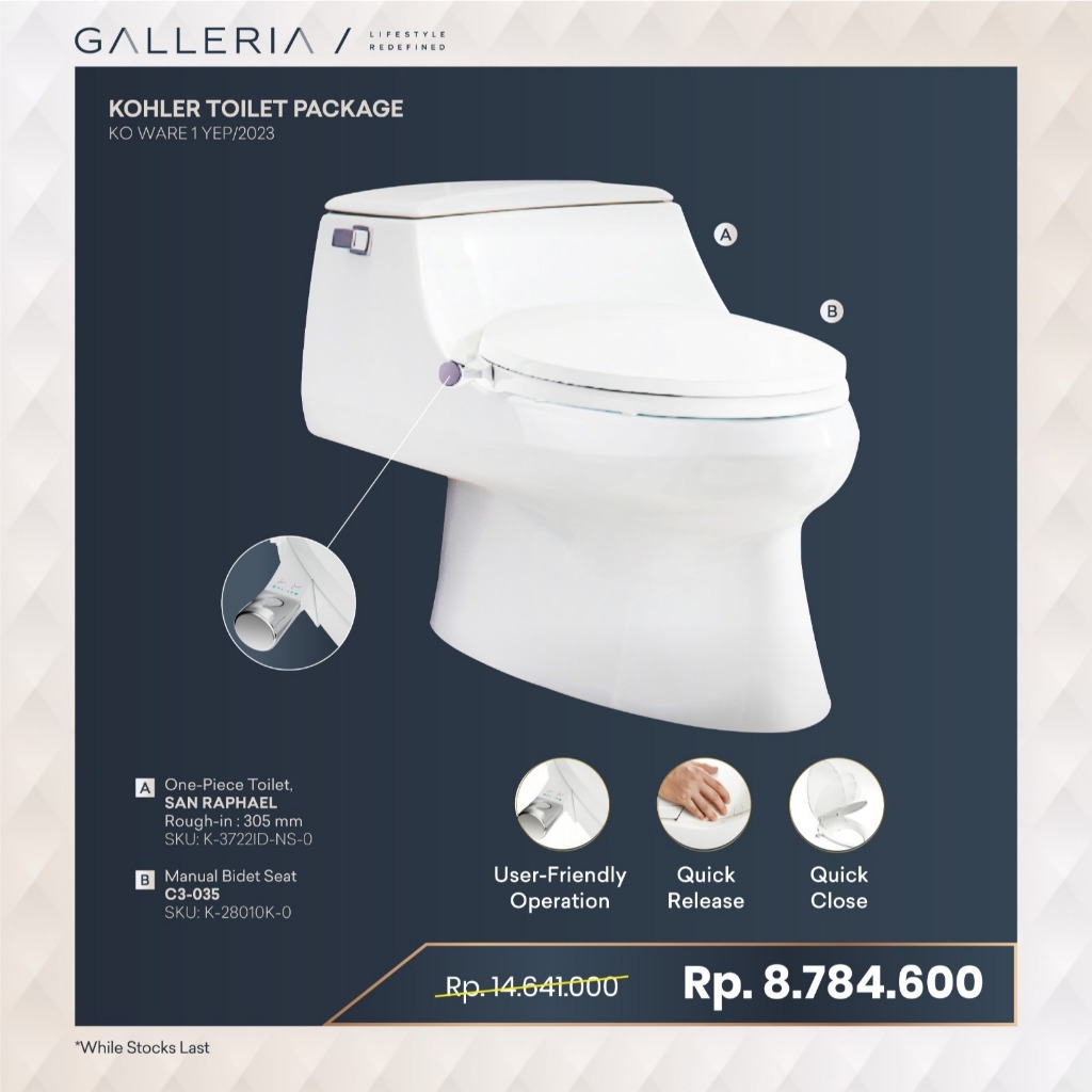 Kohler San Raphael Toilet Package w/ Manual Bidet Seat / Kohler Paket Kloset