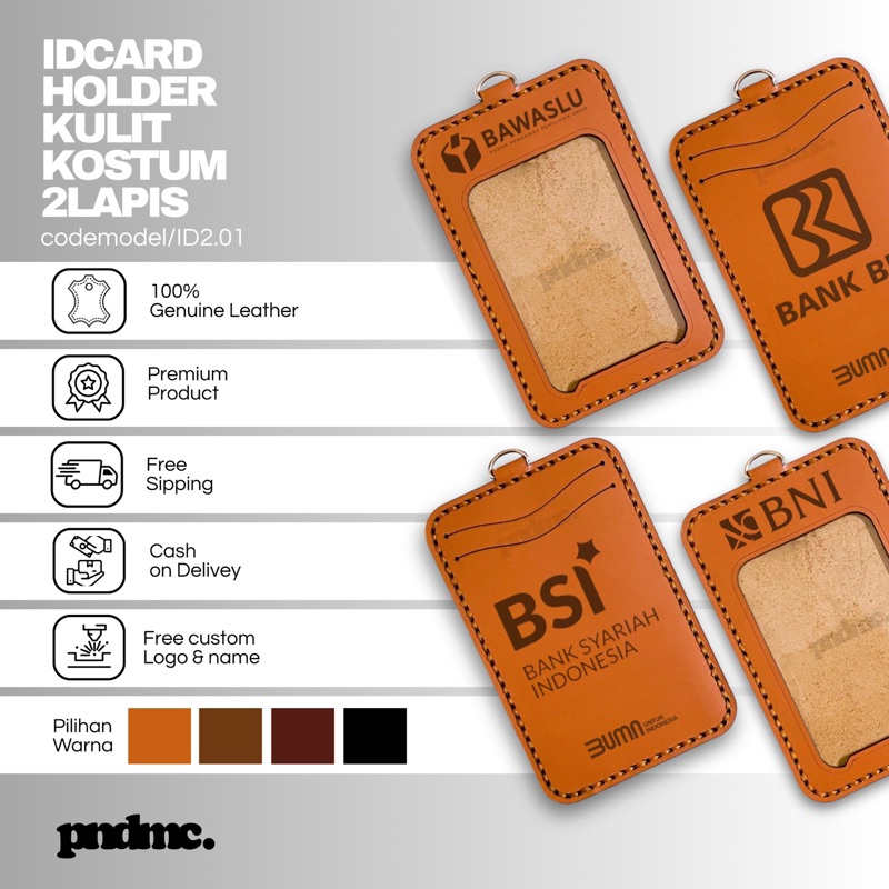 

ID2.01/PNDMC. Name tag id card holder kulit satuan gratis custom nama dan logo untuk pria wanita