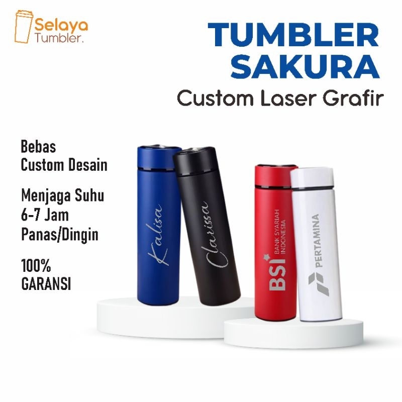 Tumbler Custom Sakura Laser Grafir Nama / Logo / Karakter Souvenir Botol Minum Termos Air Panas Dan 
