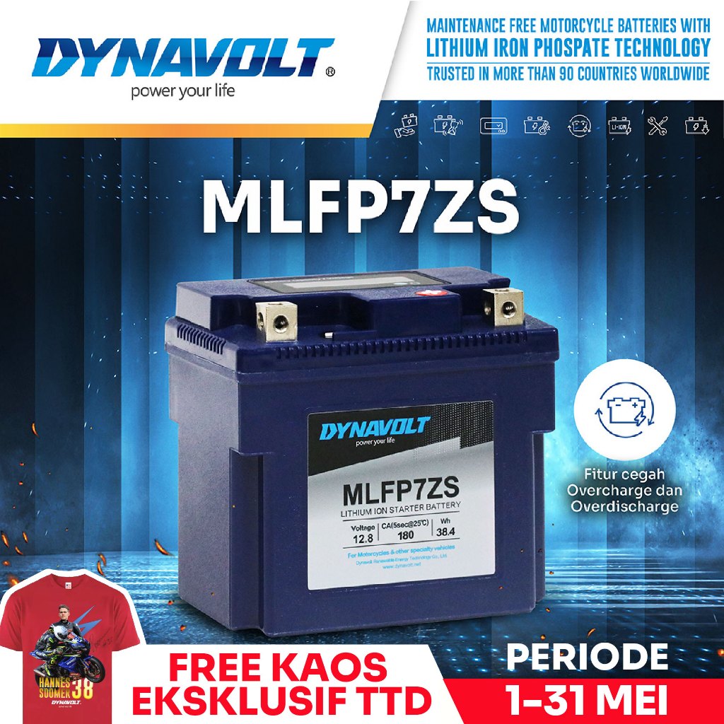 Dynavolt Aki Motor Lithium MLFP7ZS - CCA 180 A - CBR150R, Satria FU 150, Aerox 155.