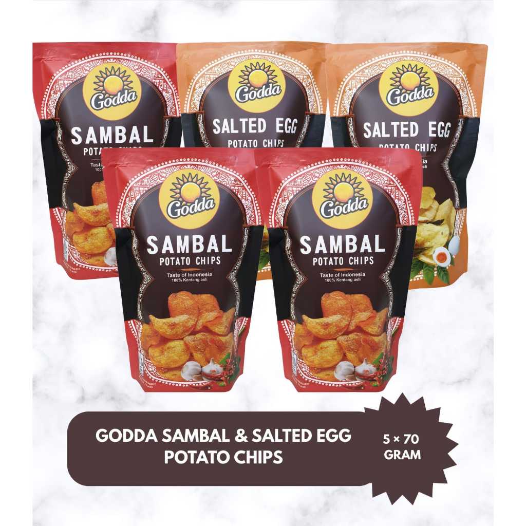 

Keripik Kentang Godda Mix Bundle (5 x 70 gr) 3 Sambal & 2 Salted Egg