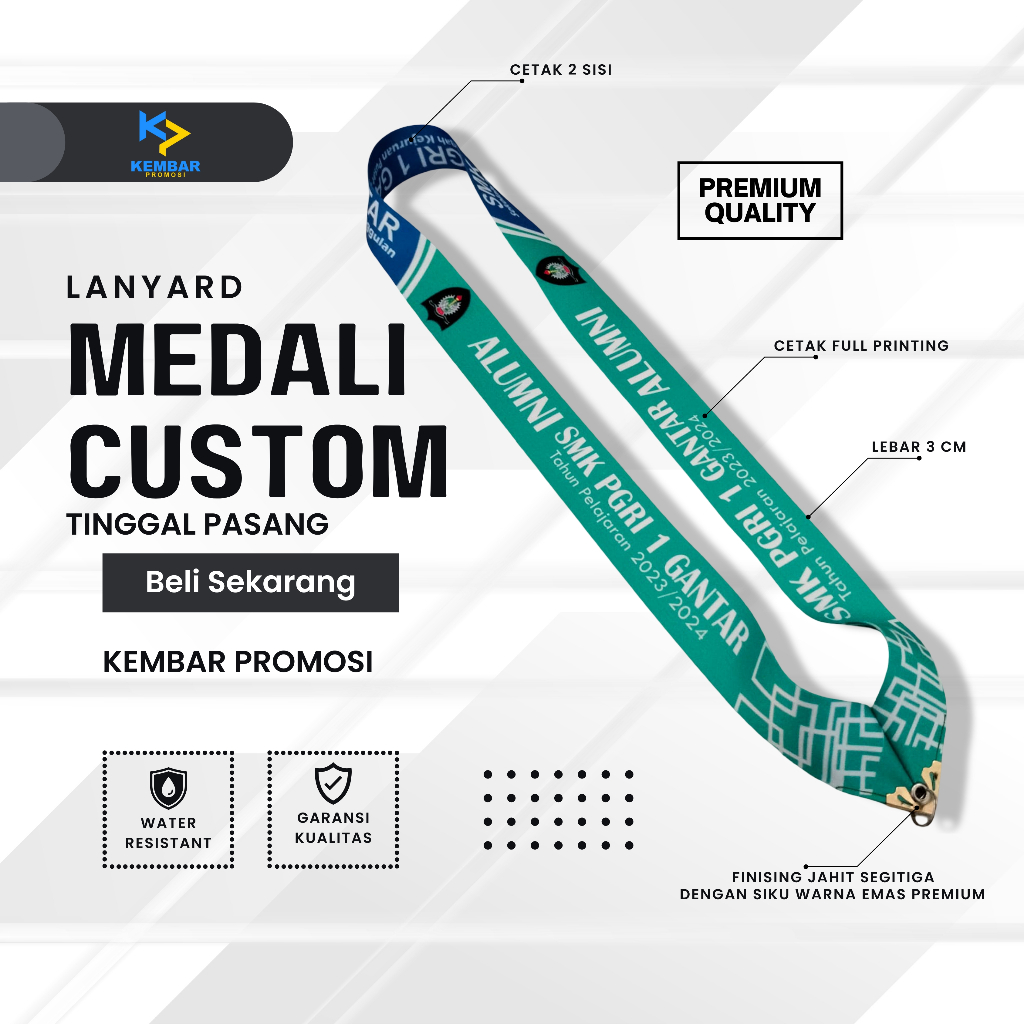 Custom Lanyard Medali Printing (Premium) Lebar 3cm | Jahit Siku Segitiga