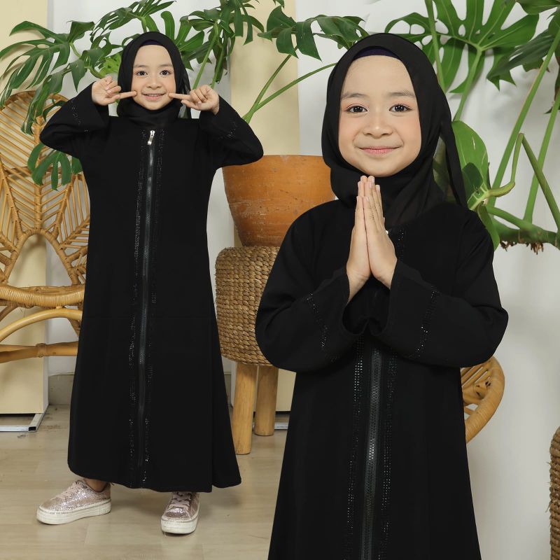 ABAYA ANAK PEREMPUAN hitam gamis SAUDI jetblack full ziper - abaya anak 5 - 10 TAHUN