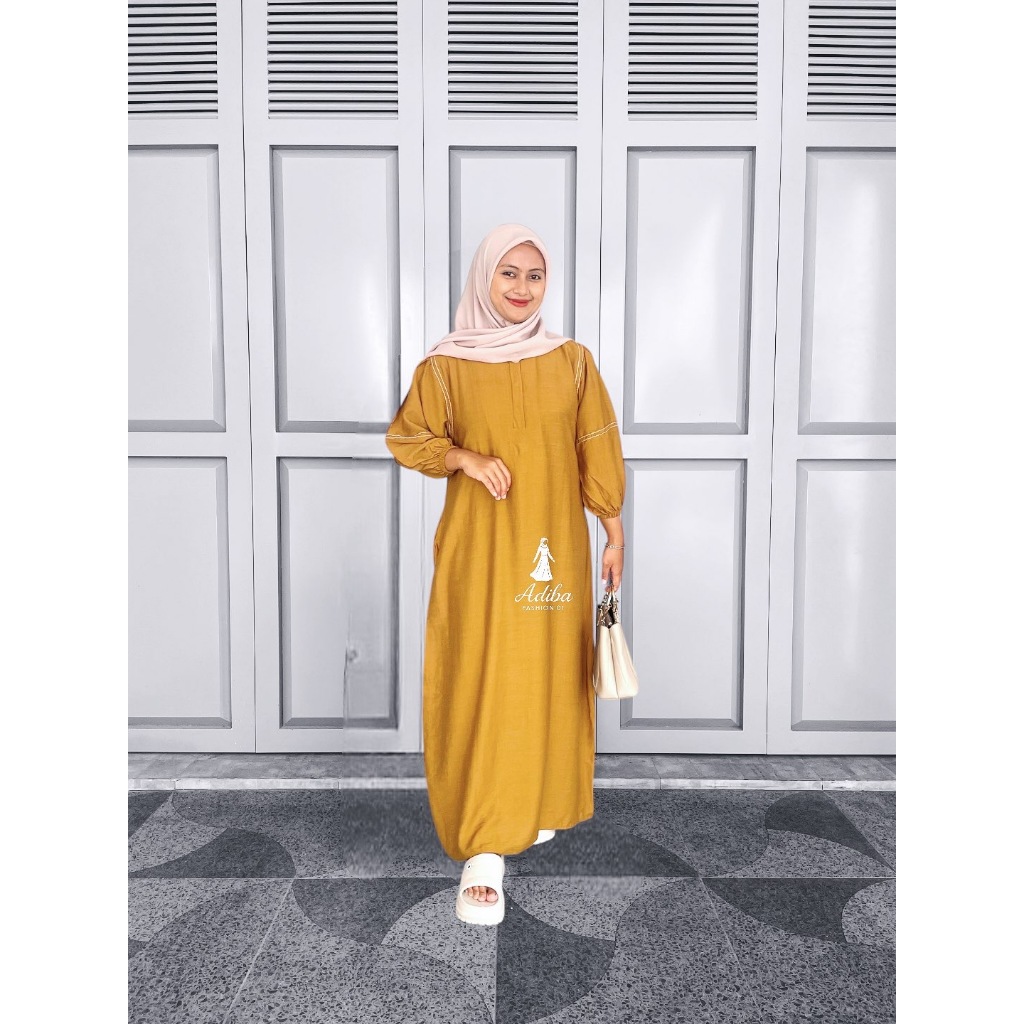 GAMIS PENDEK/MIDI DRESS POLOLINEN PREMIUM VARIASI BENANG SMOCK MOTIF POLOS LENGAN BALON