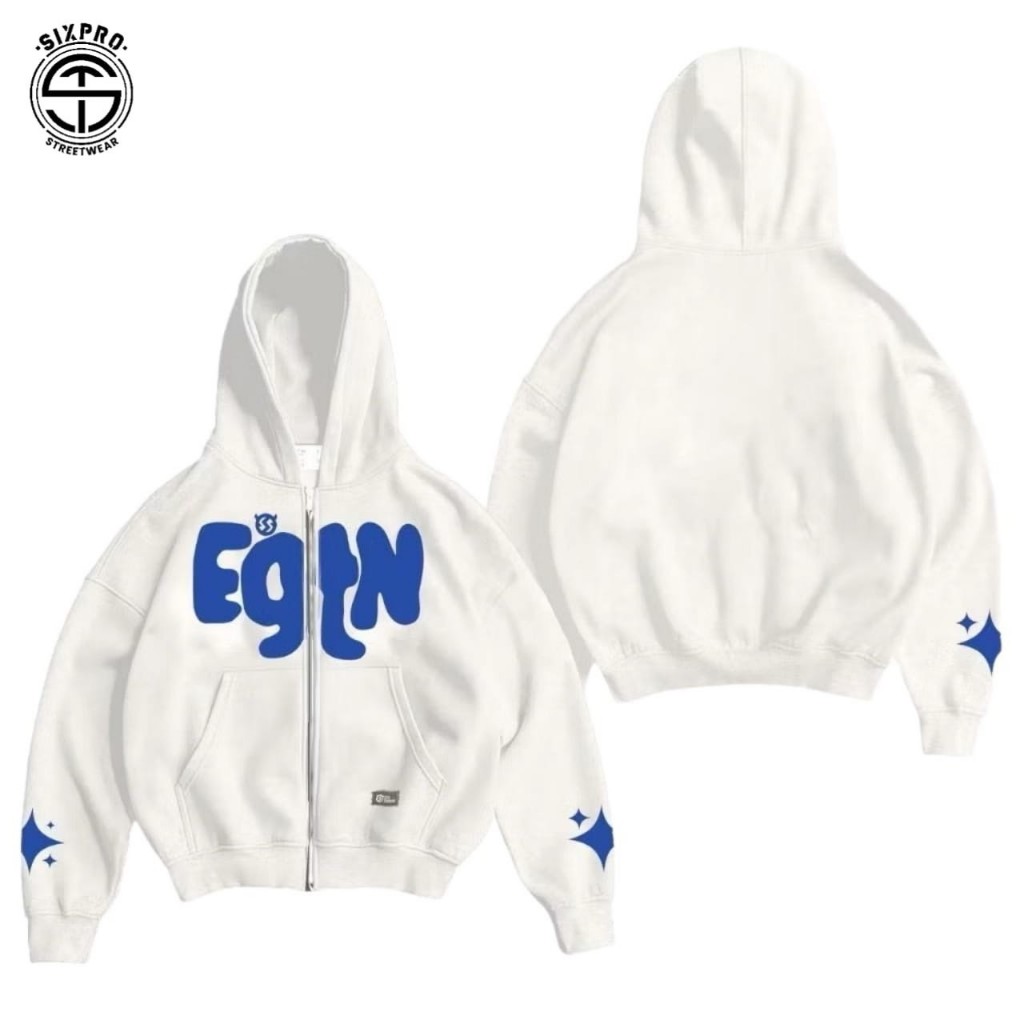 SIXPRO - Hoodie Zipper Boxy Egtn Putih Oversize Boxy Pria Wanita Katun Fleece 280 Gsm Premium