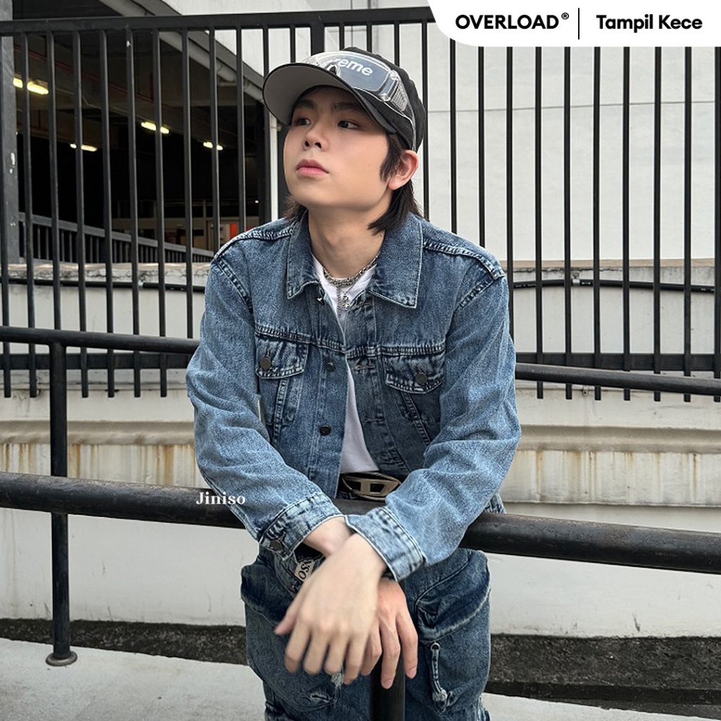 JINISO - Denim Pria Jaket Jeans Oversize Vintage Blue Acid