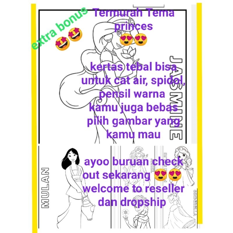 

Kertas/lembar/worksheet mewarnai A5 Murah tema princess