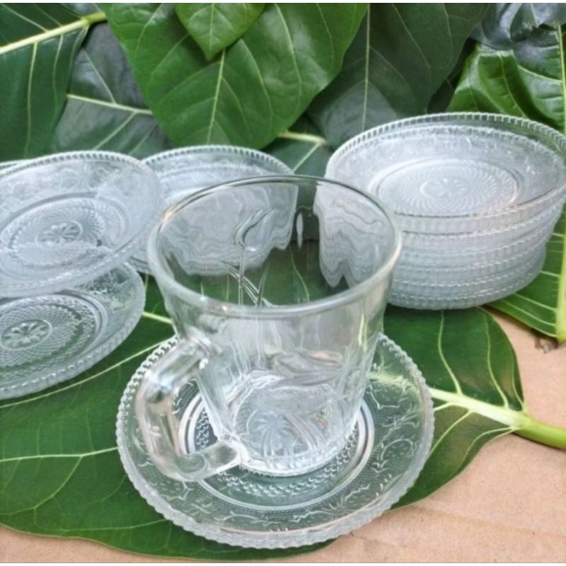 tatakan gelas kaca cantik tebal 1 lusin (12 pcs) murah | lepek gelas kaca murah | piring kaca | lepe