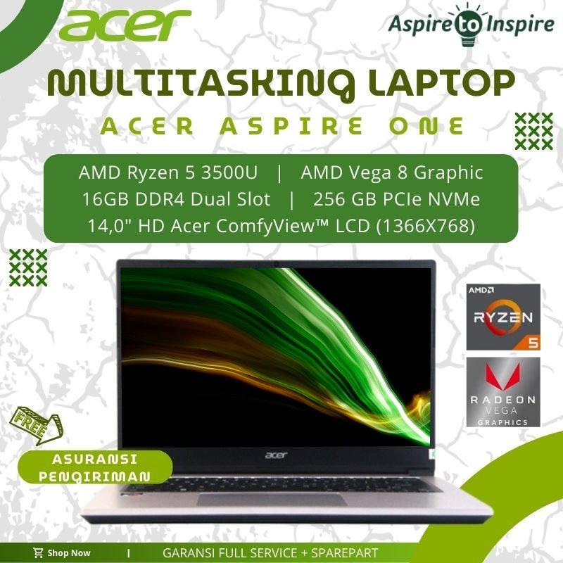Laptop Murah Acer One 14 Z2-493 AMD Ryzen 5 Ram 16Gb Ssd 256GB 14" Vga Amd Radeon Vega 8 Silver Baru