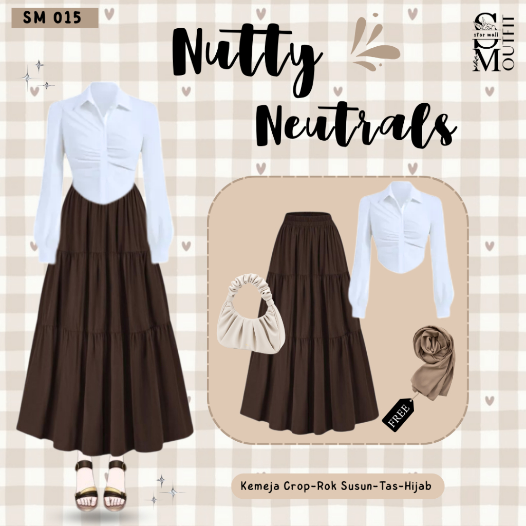 Outfit Oneset Hijab Kekinian Wanita (Kemeja Crop, Rok Susun, Tas, FREE Hijab) Outfit Classy SM015