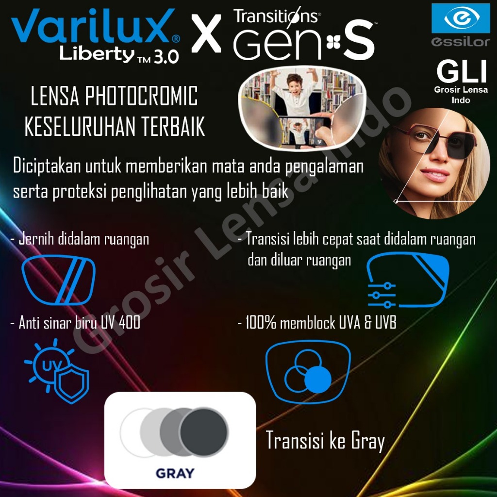 Lensa Essilor Progresif VARILUX LIBERTY AIRWEAR 1.59 TRANSITION GEN S GREY GARANSI RESMI ESSILOR 2 T