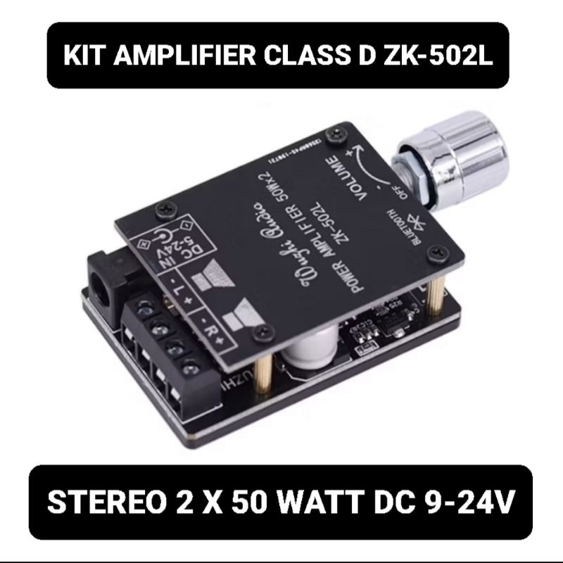 ZK-502L Kit Amplifier 2 x 50 Watt BLUETOOTH Stereo 9-24 Volt Power Class D