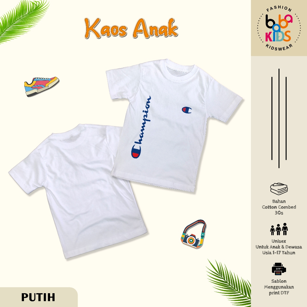 Kaos Anak & Remaja Laki-Laki 1-17 Tahun Champion Cotton Combad 30s Baju Kaos Anak
