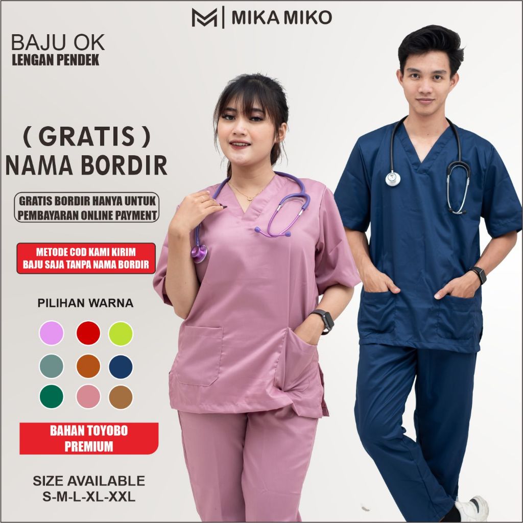 MIKAMIKO Baju OKA PERAWAT [GRATIS BORDIR NAMA] OK LENGAN PENDEK STENEN DOKTER BIDAN MEDIS UNISEX