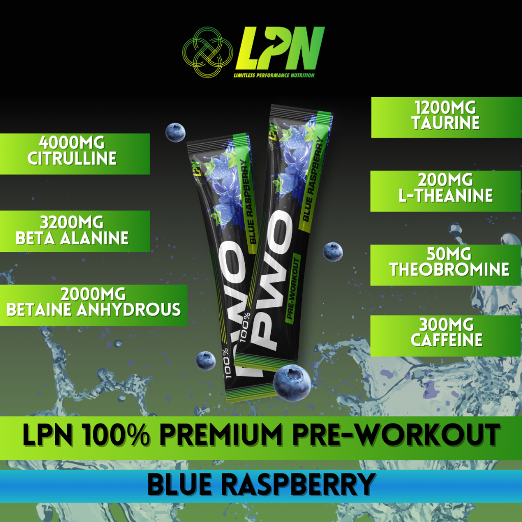 LPN 100% PWO Premium Pre-Workout Limitless Performance Nutrition PWO Sachet Rasa Blue Raspberry