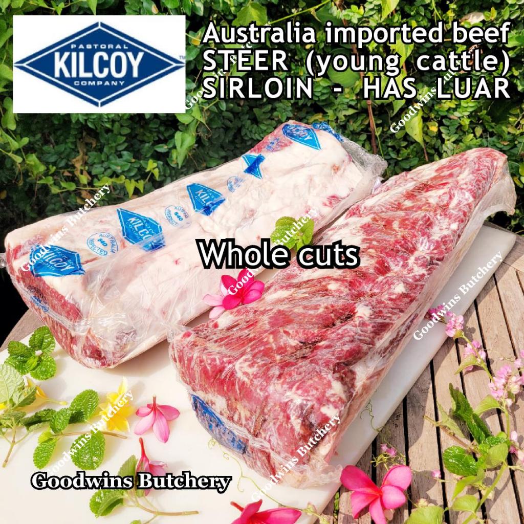 

Beef SIRLOIN Australia PR-STEER (young cattle) Kilcoy frozen WHOLE CUTS daging sapi has luar Striploin New York strip