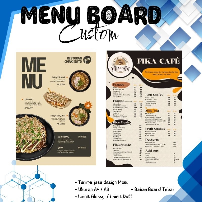 

MENU BOARD CUSTOM TEBAL 2 sisi - MENU KULINER - PRINT MENU - CETAK MENU - PAAN MENU