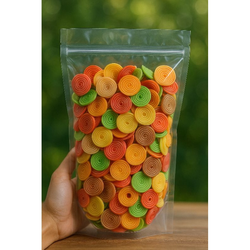 

(Berat 100gr, 150gr, 250gr) Snack Kuping Gajah Mini Warna Warni Rasa Manis Gurih Renyahh