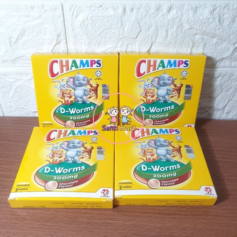 (SANTI MART) MALAYSIA CHAMPS D-Worms Albendazolee 200mg Chocolate Flavour Obat Cacing Anak Rasa Cokl