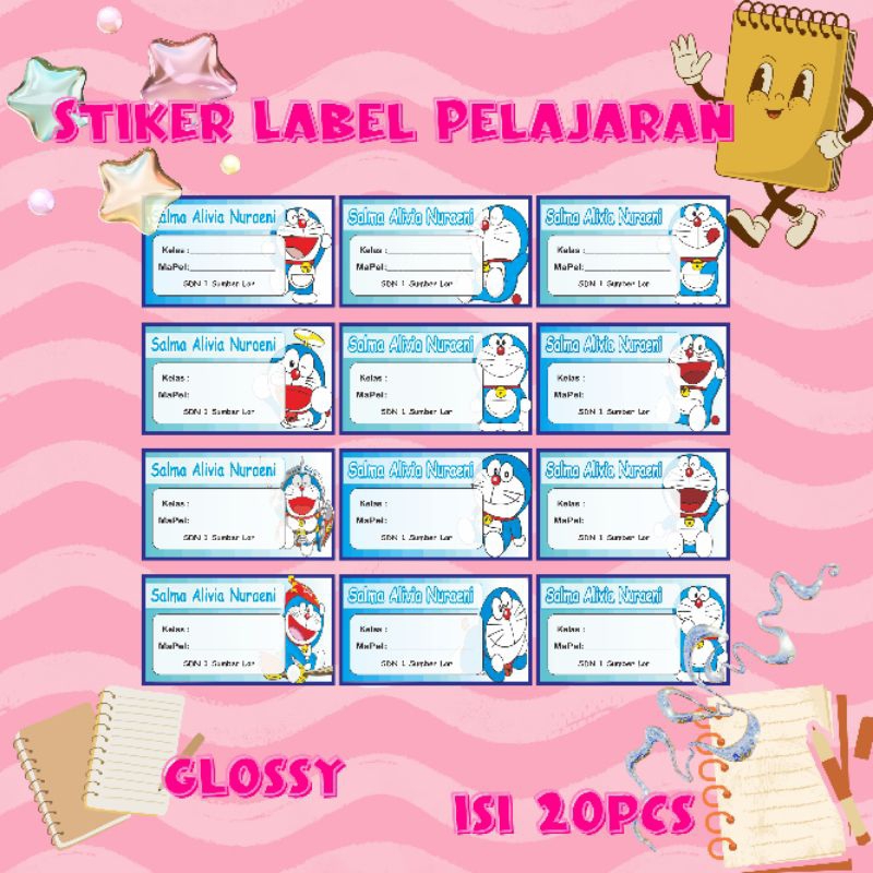 

New Stiker Label Nama Buku Pelajaran/ glossy isi 20pcs/ doraemon karakter