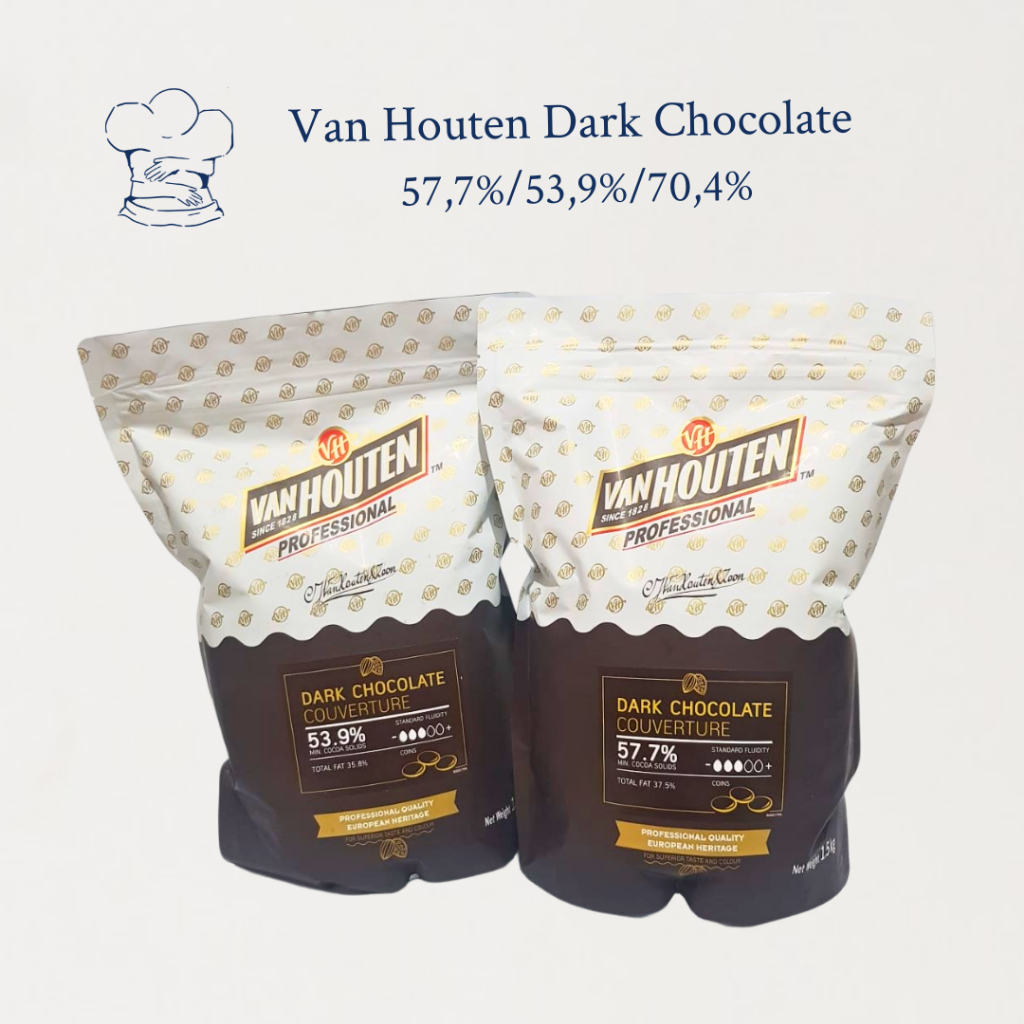 

Van Houten Dark Chocolate Couverture 53,9%/57,7%/70,4%, 250gr - Coklat Leleh Premium untuk Baking