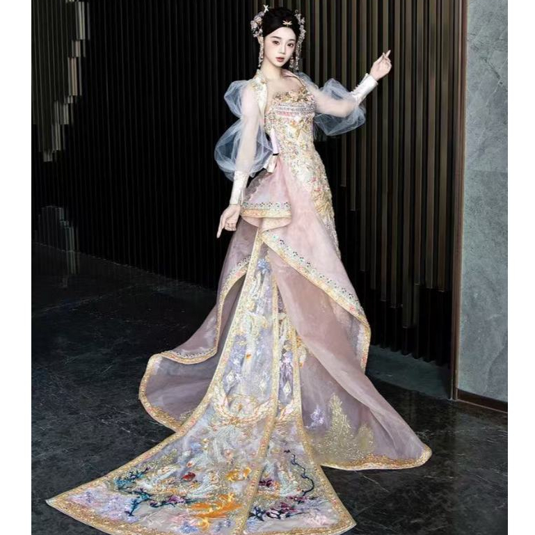 Gaun Xiuhe merah muda, gaun pengantin Cina, gaun pesta ekor mewah, gaun naga dan burung phoenix