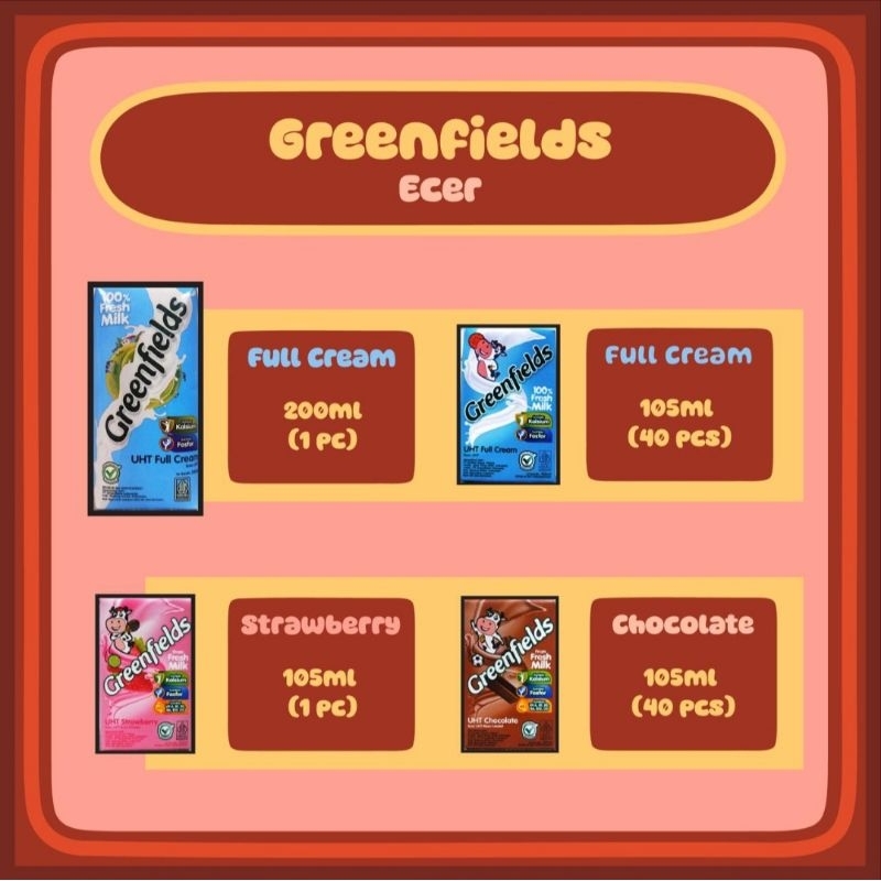 

Susu Greenfields UHT 105ml & 200ml ECER (Full Cream, Strawberry, Chocolate)