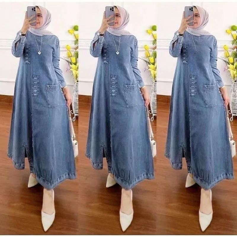 gamis jeans 2025 model baru/gamis jeans wanita/gamis jeans premium/gamis jeans kombinasi