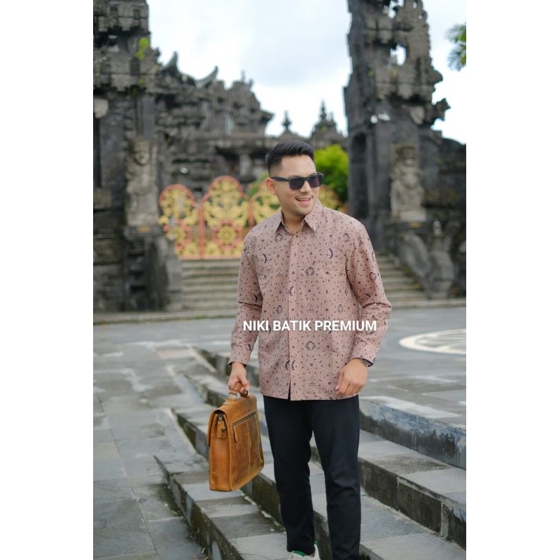 Niki Batik Premium - Muktisena Mocca Kemeja Batik baju pria kemeja lengan panjang lapis furing katun