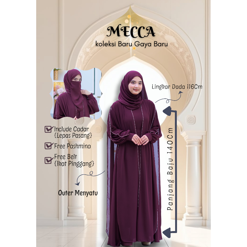 lok Rades - Mecca Abaya Ceruty Babydoll Set Hijab Pashmina Dan Cadar Full Payet Mewah Elegan Gamis