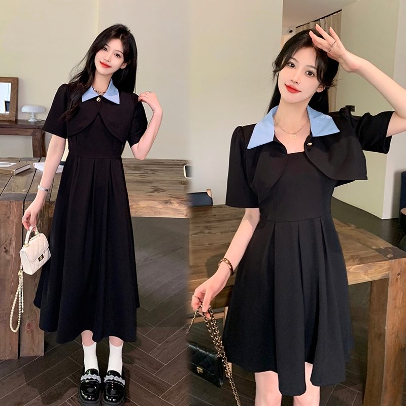 hitam dua rok Kerah Lapel Atasan + rok tanpa lengan Gaun jas Prancis dress kerah midi dress korea dr