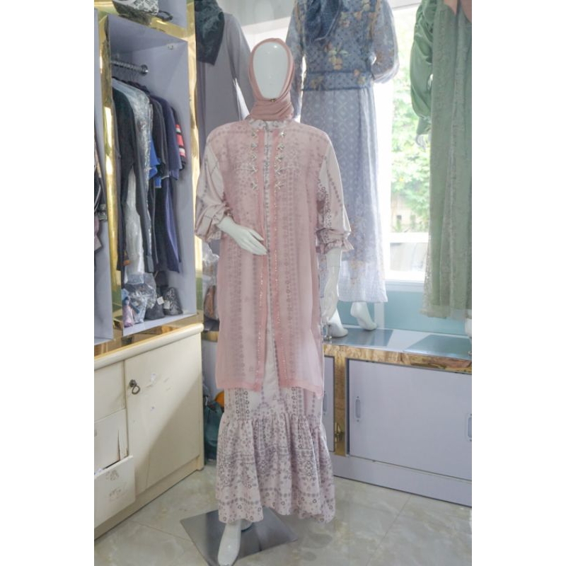 READY Dress motif Muslimah | Dress Cantik printing kombinsi Organza Payet All Size