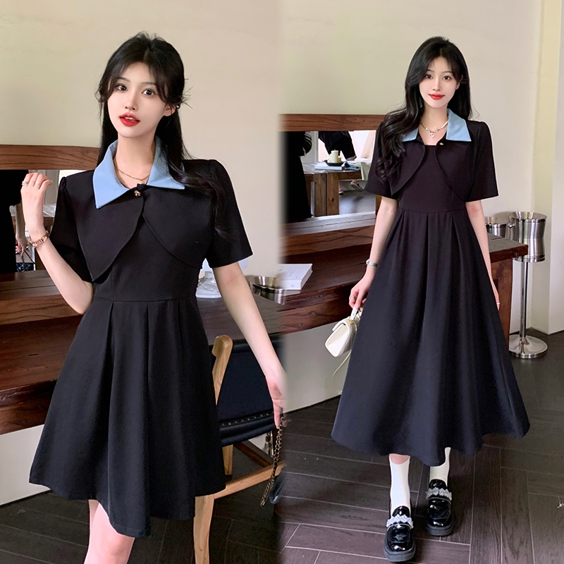 rok tanpa lengan Gaun jas Prancis hitam dan rok Kerah Lapel Atasan dress pendek wanita midi dress ko