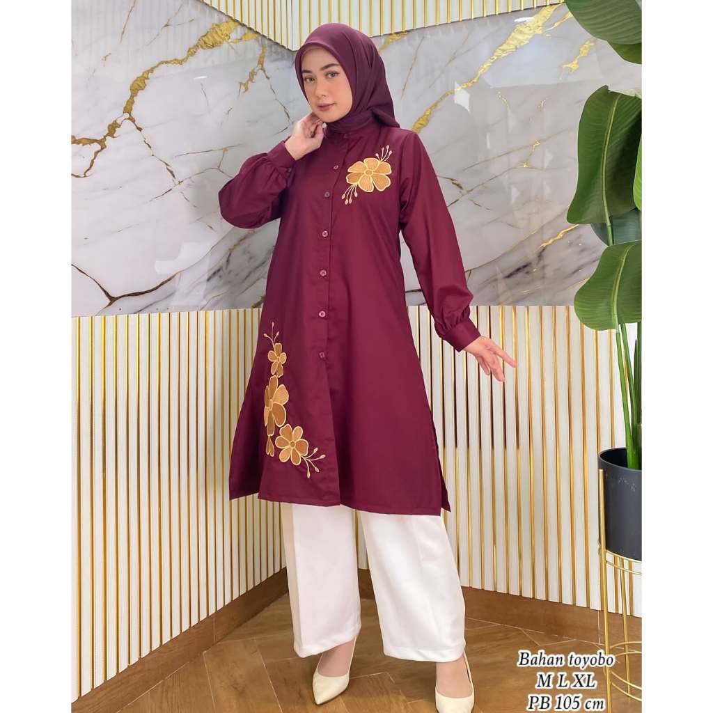 TUNIK ATASAN KEMEJA INDIRA BORDIR KOMPUTER BAHAN KATUN TOYOBO PREMIUM
